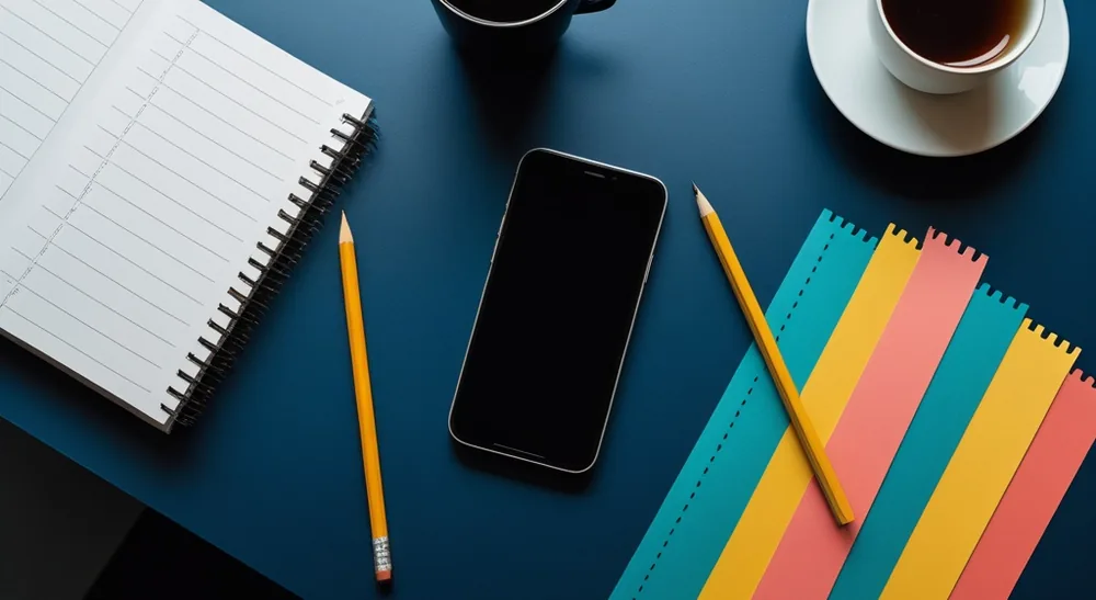 A notebook of handwritten columns beside a phone on a desk