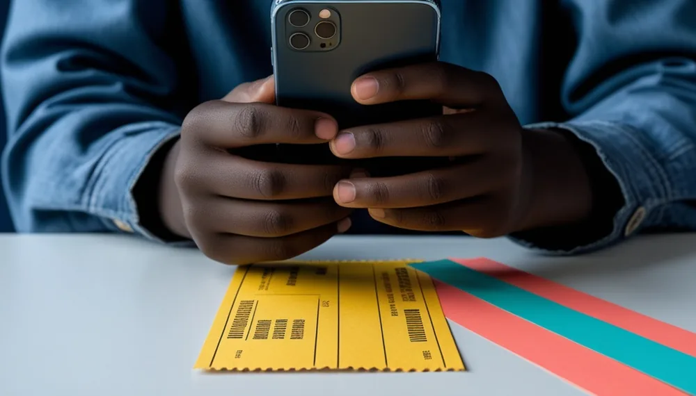 Hands holding a phone at a table