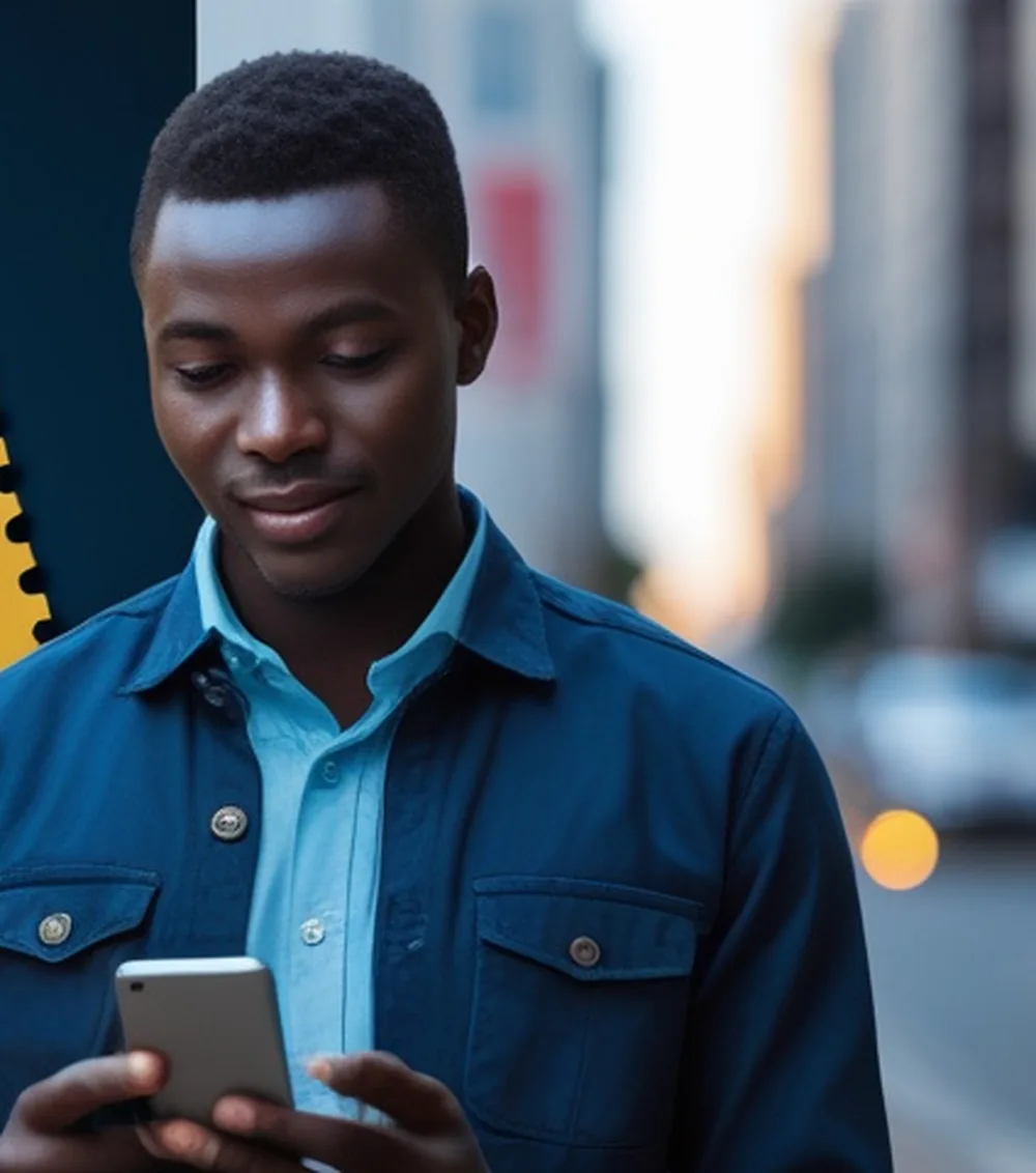 A young man in Nairobi looking at his phone on the street
